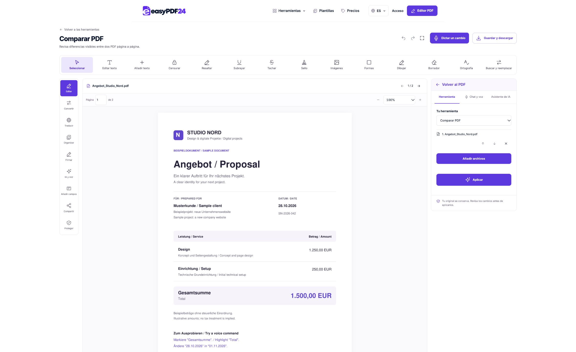 Comparar visualmente dos PDF — easyPDF24: Inicia la comparación de las páginas correspondientes.