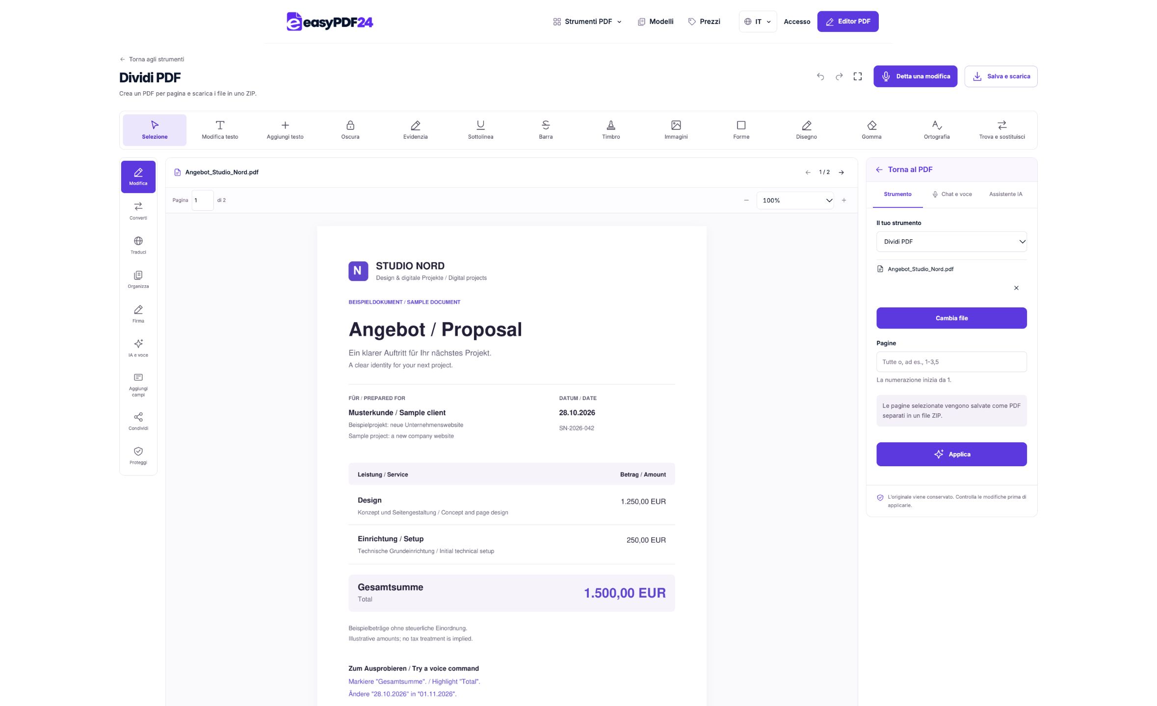 Dividere un PDF in pagine separate — easyPDF24: Inserisci le pagine che ti servono, ad esempio 1,3-5. Controlla la loro posizione nell'anteprima.