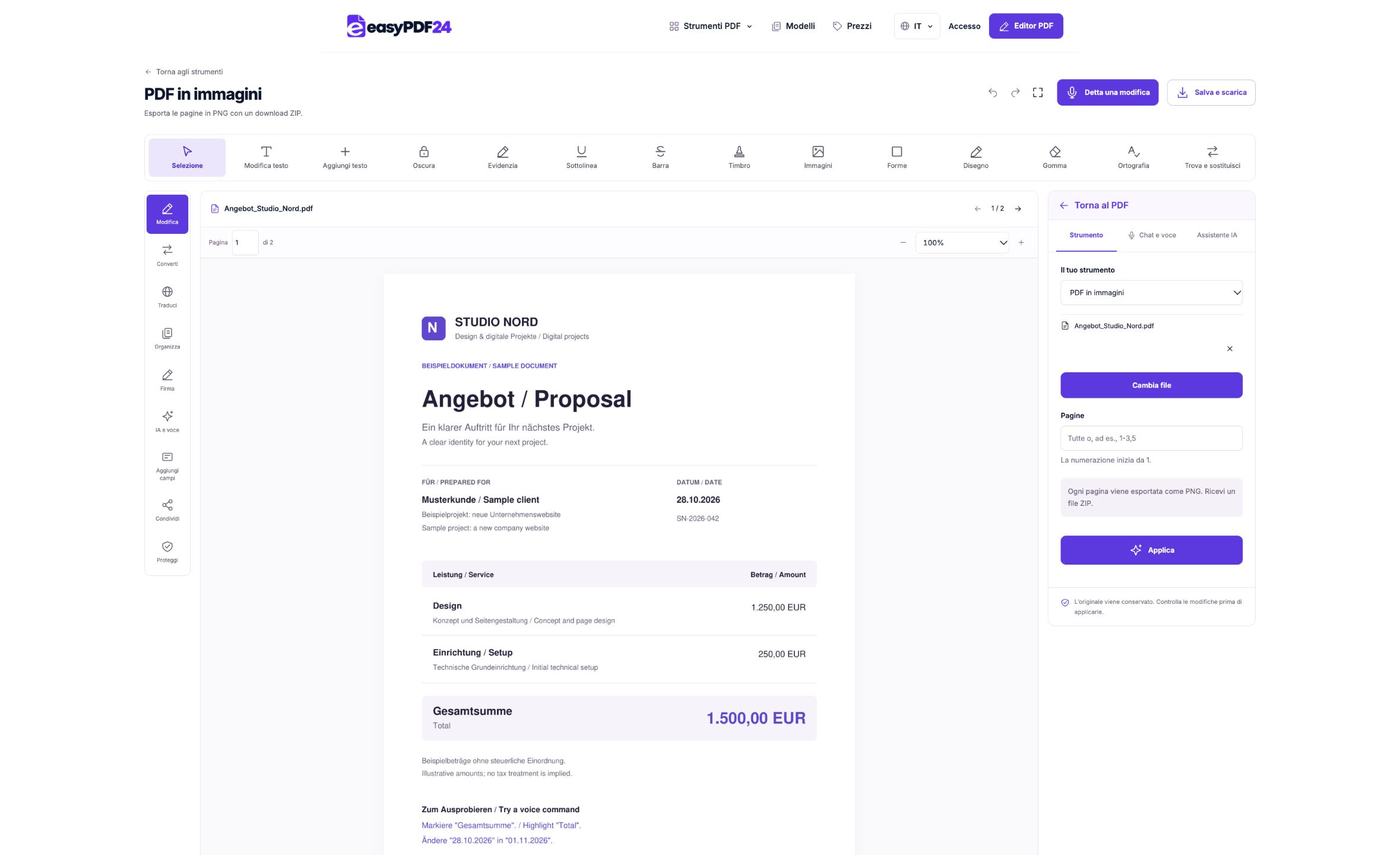 Convertire pagine PDF in immagini PNG — easyPDF24: Scegli tutte le pagine o inserisci una selezione come 1,3-5, quindi avvia l'esportazione PNG.